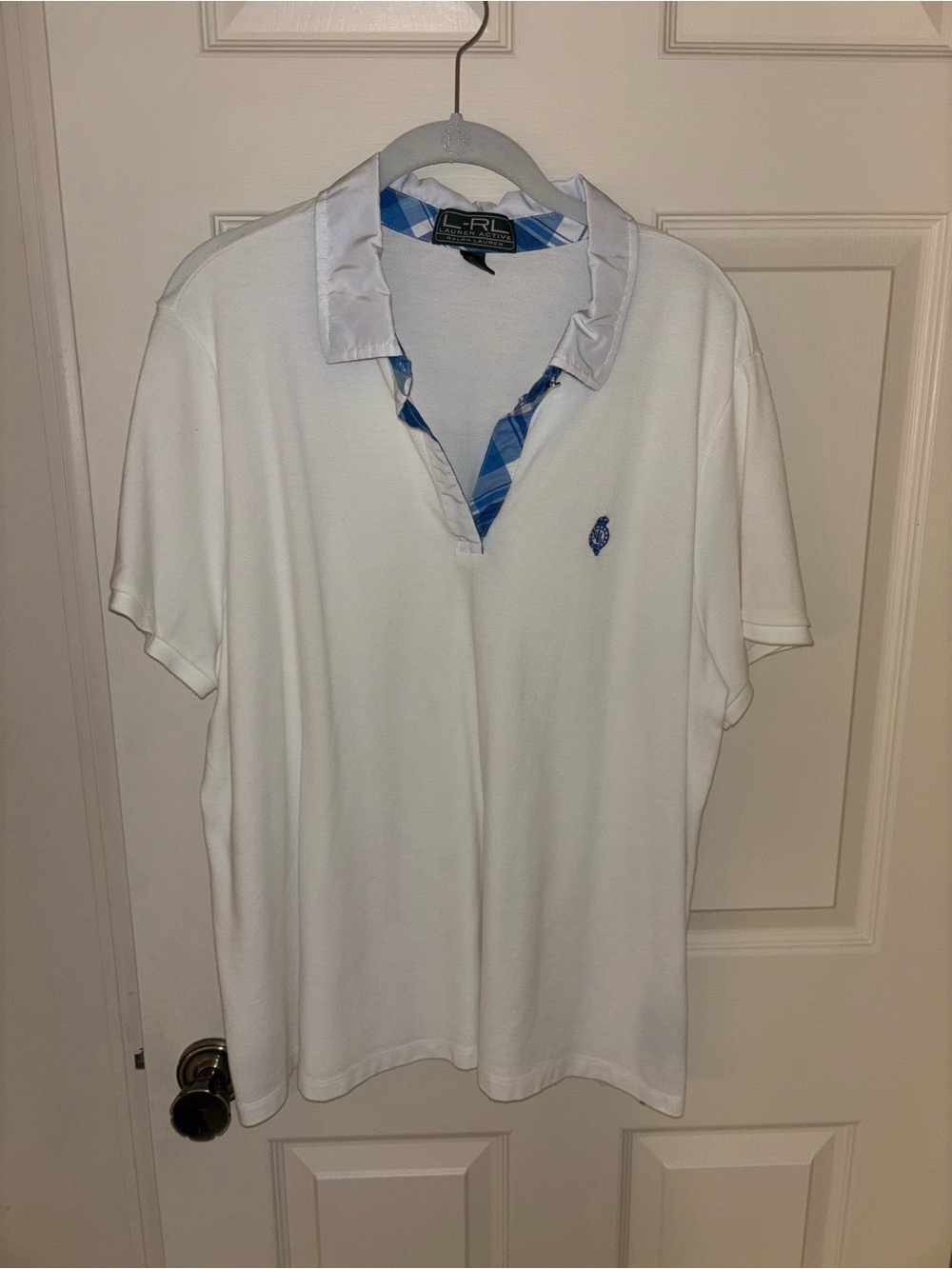 Ralph Lauren 100% cotton White Polo with Blue Plaid Trim